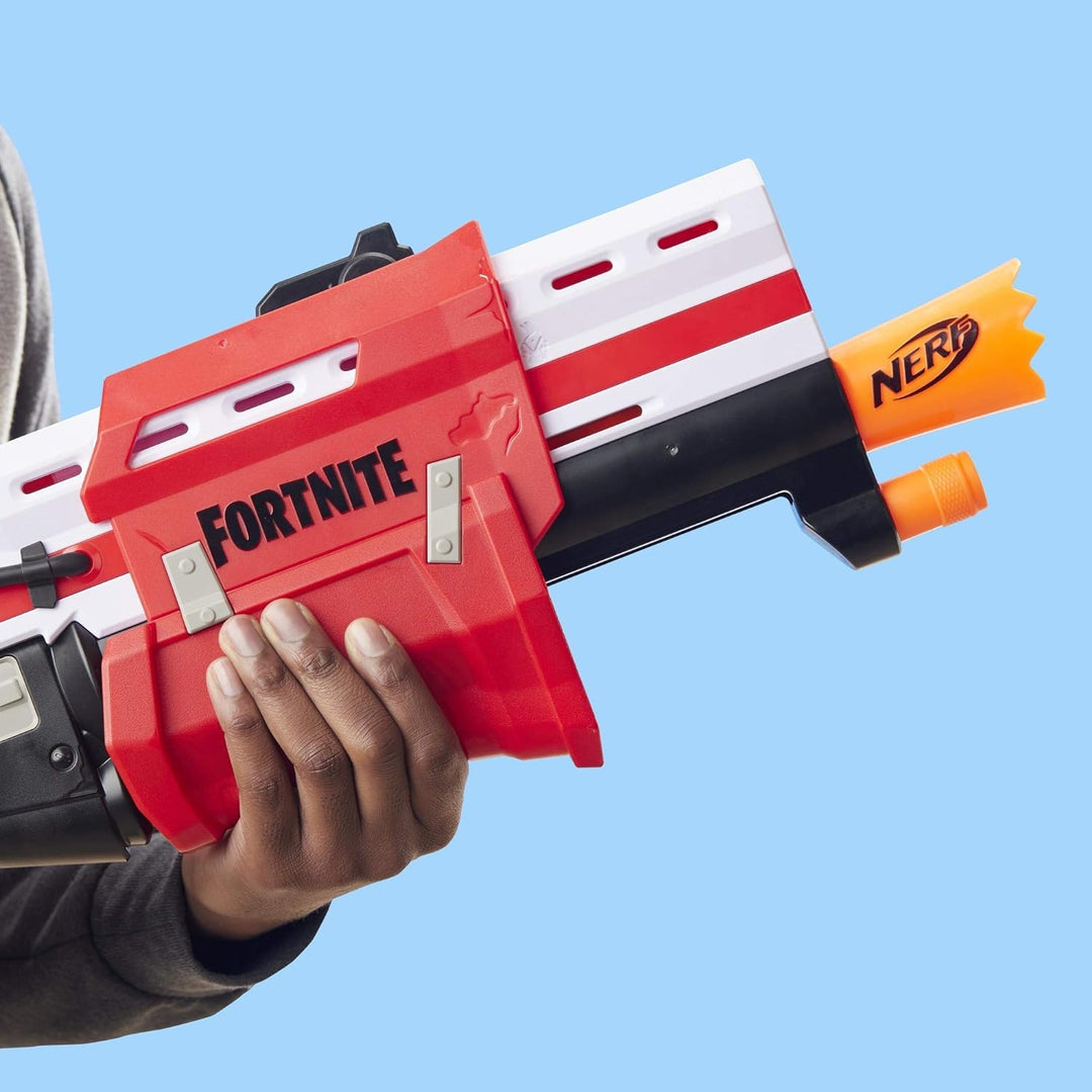 NERF Hasbro E7065EU4 TS Pump-Action Blaster, 8 Mega Fortnite Darts, Dartaufbewahrungsfach - Für Juge
