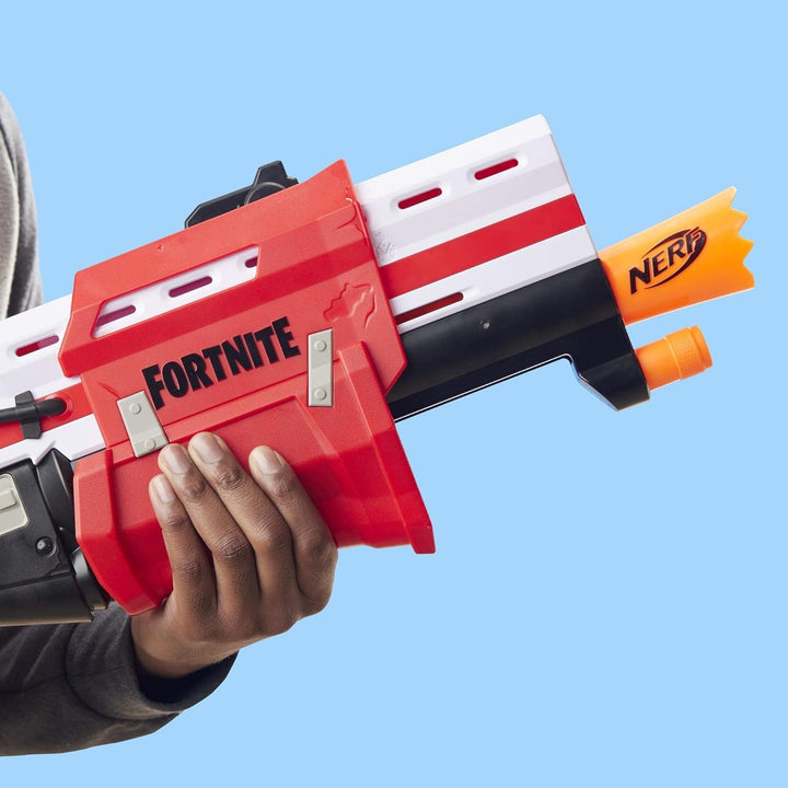 NERF Hasbro E7065EU4 TS Pump-Action Blaster, 8 Mega Fortnite Darts, Dartaufbewahrungsfach - Für Juge