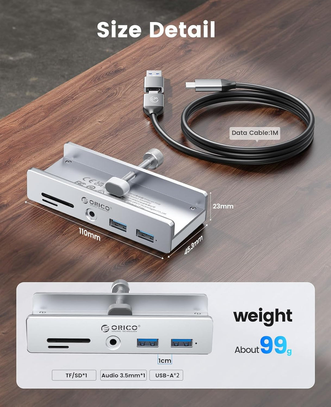 ORICO USB Hub 3.0 Mit SD/TF Kartenleser - 5 in 1 Verteiler Mit 2 USB-A Ports, 3.5 mm Audio, 5Gbps -