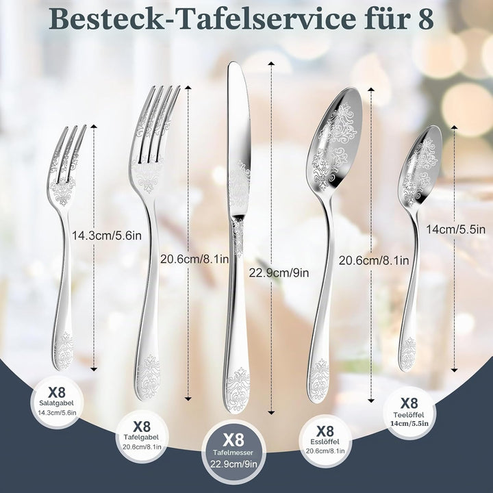 DRAGON RIOT Besteck Set 8 Personen - 40 teilig Edelstahl Besteckset, Silberbesteck mit Messer Gabel