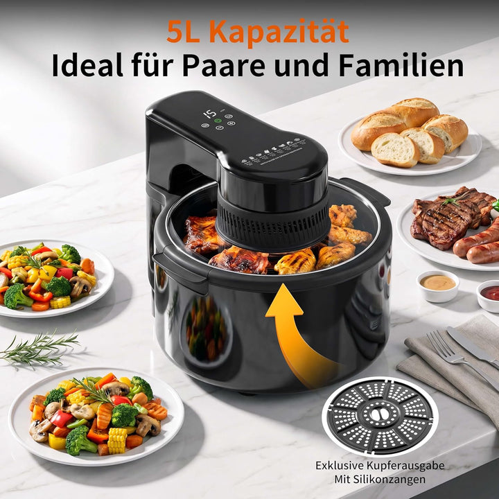 Heissluftfritteuse Airfryer, 5.5L, herausnehmbare Glasbehälter & Deckel, beleuchtetes Sichtfenster,