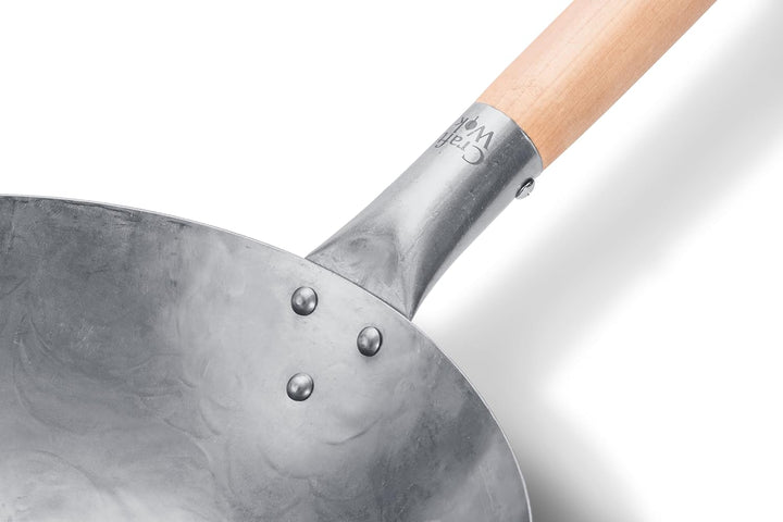 Craft Wok Traditioneller handgehämmerter Karbonstahl Pow Wok mit Holz- und Stahl-Helfergriff (30,5 c