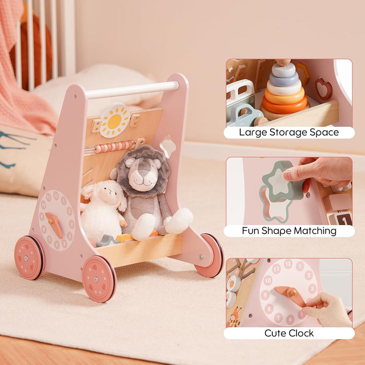 ROBUD Lauflernwagen Holz,Baby Lauflernhilfe,Baby Walker,kognitive Entwicklung, Rosa