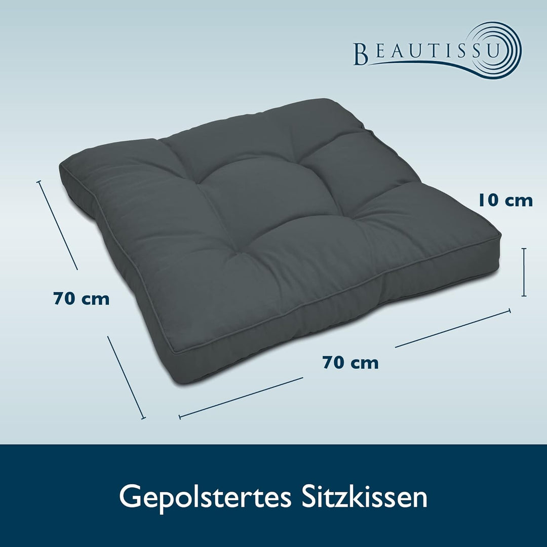 Beautissu Lounge Kissen Outdoor 70x70 cm Anthrazit – Bequemes Sitzkissen Gartenstuhl 10 cm dick Sitz