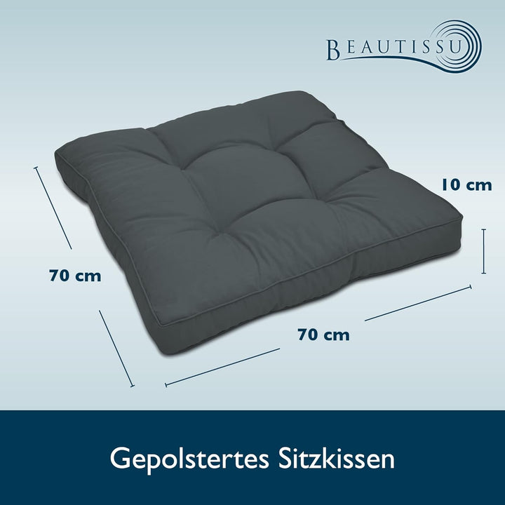 Beautissu Lounge Kissen Outdoor 70x70 cm Anthrazit – Bequemes Sitzkissen Gartenstuhl 10 cm dick Sitz