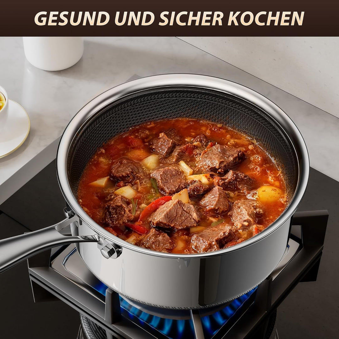 Kochtopf mit Deckel Hybrid 16cm/1.1L, Stielkasserolle Induktion Antihaft, Kühl bleibender Griff, Spü