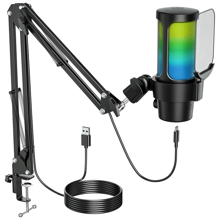 Gaming Mikrofon mit Arm Plug & Play USB Kondensator Mikrofon mit RGB Licht, Mute-Taste, Pop-Filter &