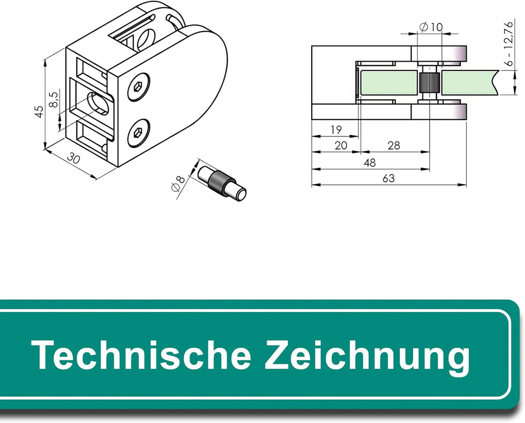 PRIOstahl Glashalter 4 Stück Glasklemmen Klemmhalter Glasplattenhalter 63 x 45 x 30 mm mit Sicherung