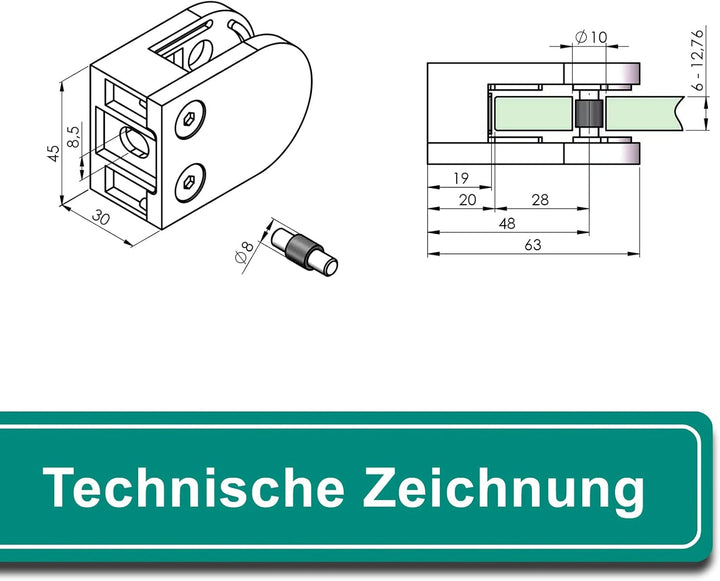 PRIOstahl Glashalter 4 Stück Glasklemmen Klemmhalter Glasplattenhalter 63 x 45 x 30 mm mit Sicherung