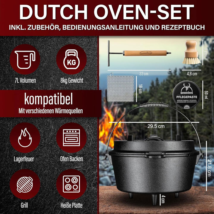 GUSSKÖNIG Dutch Oven Set–Eingebrannter Dutch Oven 7L [3–6 Person]–Feuertopf Gusseisen mit Füssen–Sch