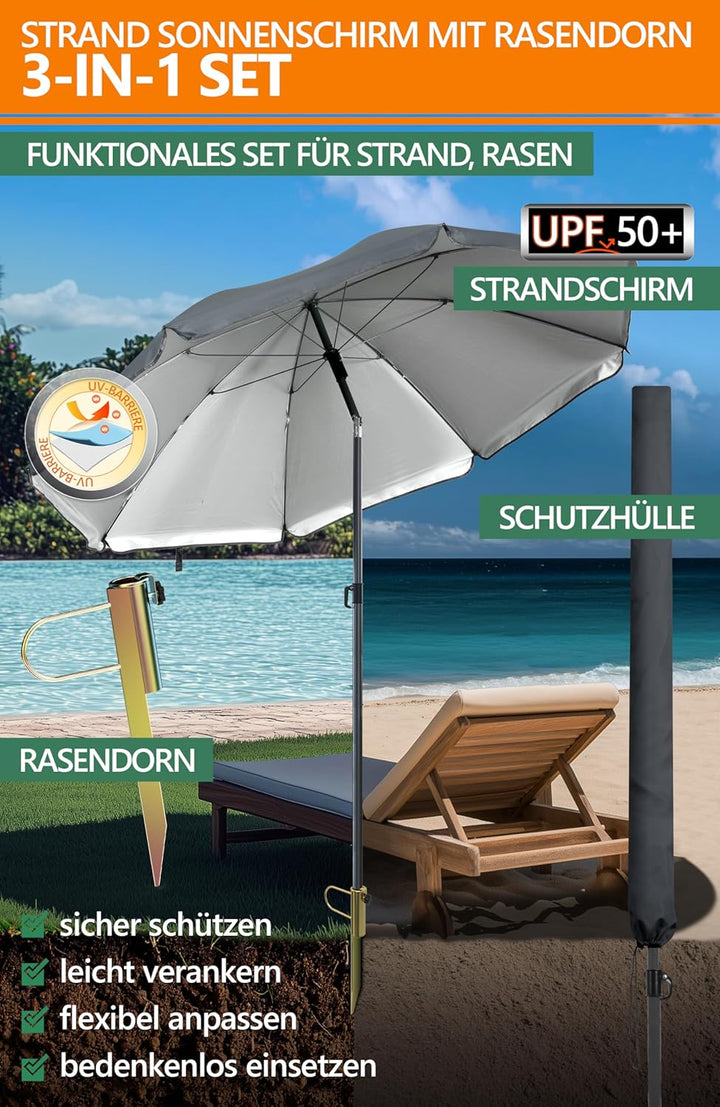 4smile SunnyJoy 3-IN-1 Set mit Sonnenschirm Strand in Anthrazit - Strandschirm windfest stabil 180 c