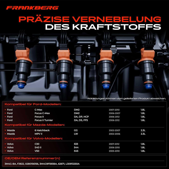 Frankberg 4x Einspritzventil Einspritzdüse Injektor Kompatibel mit C-Max 2007-2010 Exeo 2008-2010 Fo