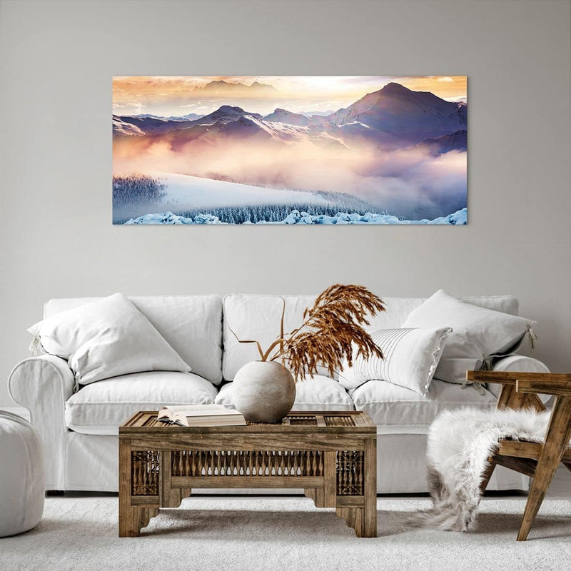 Wandbilder Dekoration Wohnzimmer Berge Schnee Winter Panorama Bilder auf Leinwand 120x50cm Leinwandb