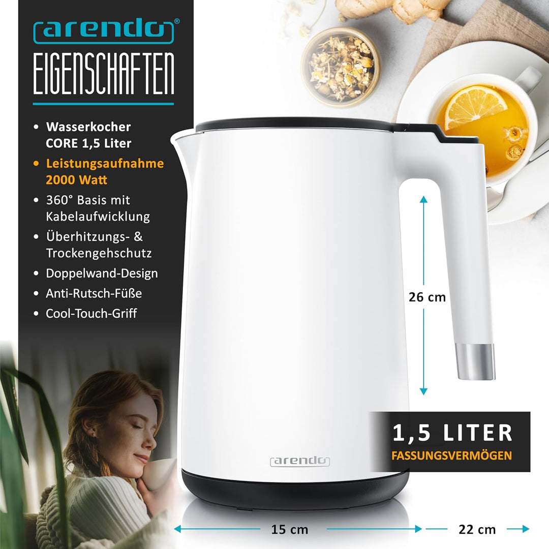 Arendo - Wasserkocher Edelstahl – 1,5 Liter - 2200 Watt – Doppelwand-Design – 360° Controller – BPA-