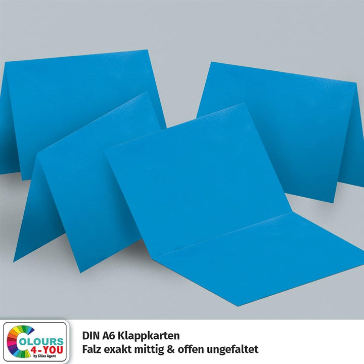 100 Klappkarten mit Umschlägen Set Azurblau - DIN A6 Blanko Doppelkarten 14,8 x 21 cm (160 g/m²) - D