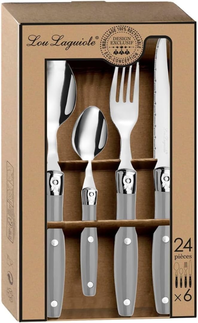 Lou Laguiole Steakbesteck | Steakmesser Set 24-teilig | Besteck für 6 Personen | Dunkelgrau | Wellen