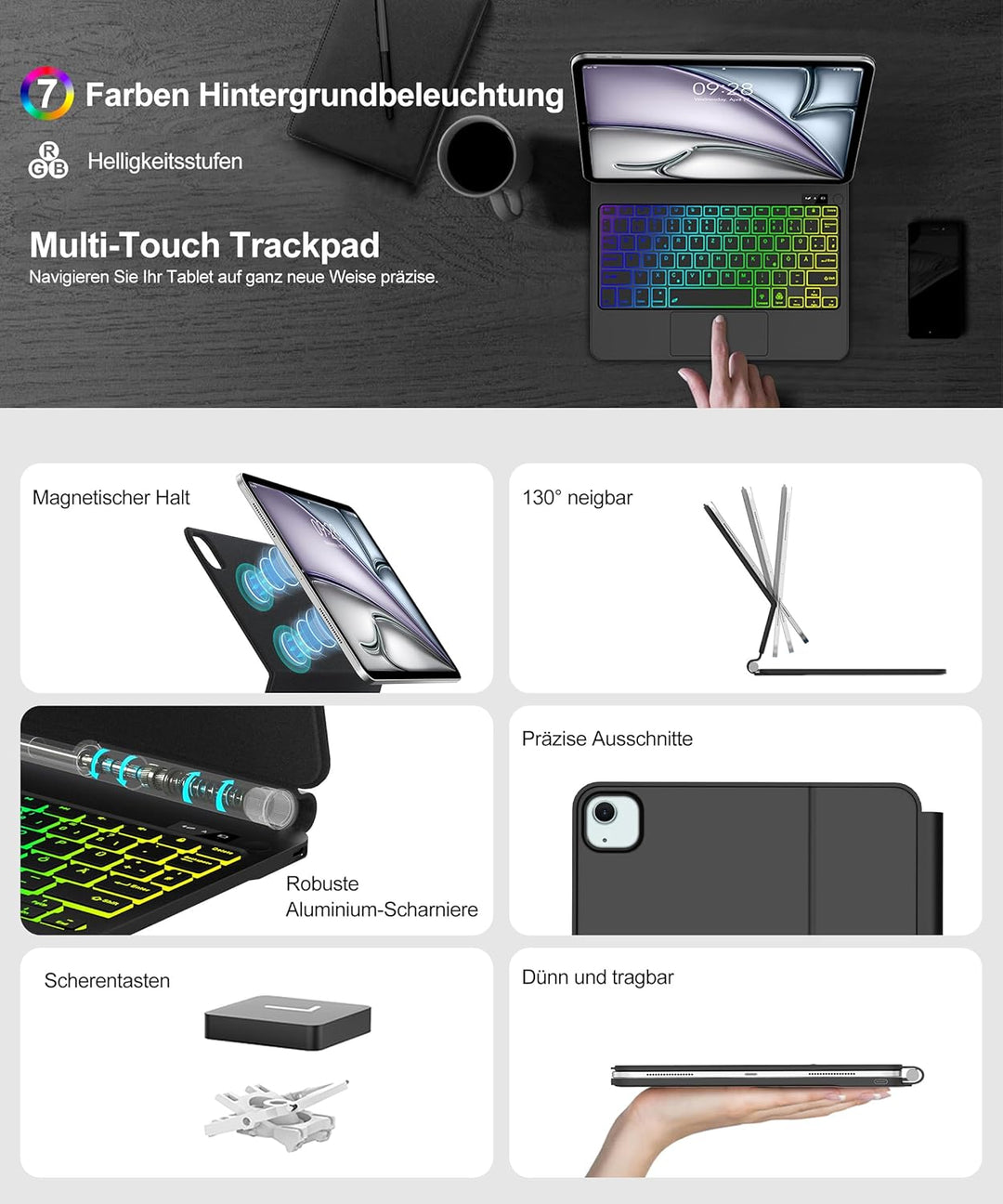 JADEMALL Magic Keyboard für iPad Air 11“ (M3 2025/M2 2024) – Mit 7-Farben RGB Beleuchtung, Präzision