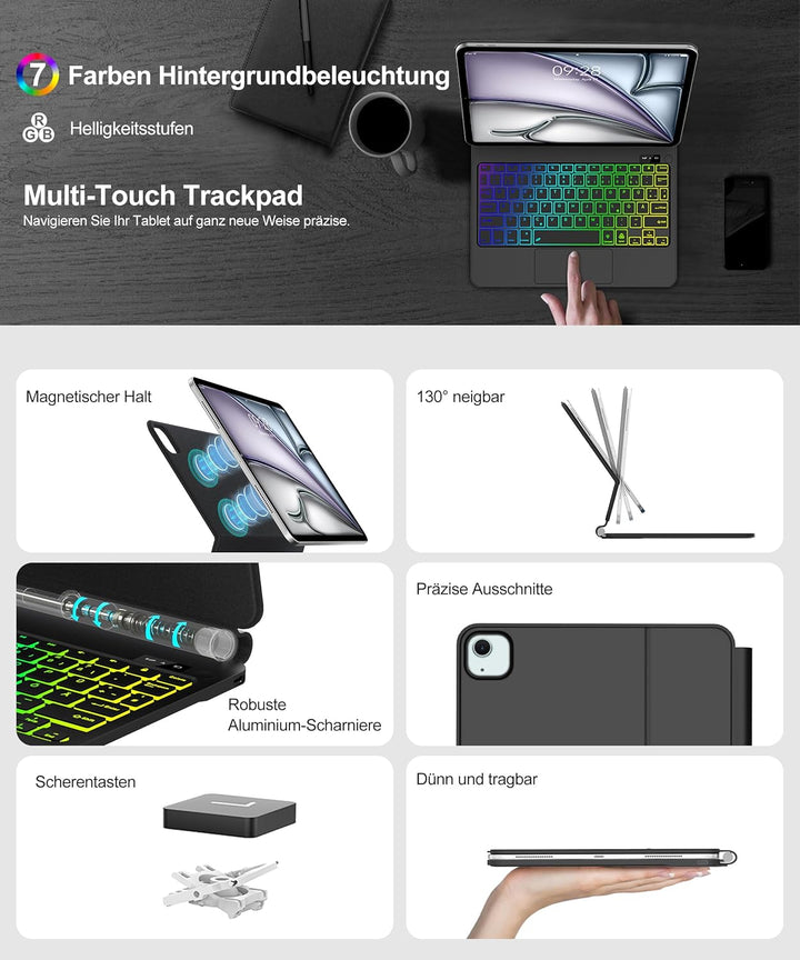 JADEMALL Magic Keyboard für iPad Air 11“ (M3 2025/M2 2024) – Mit 7-Farben RGB Beleuchtung, Präzision