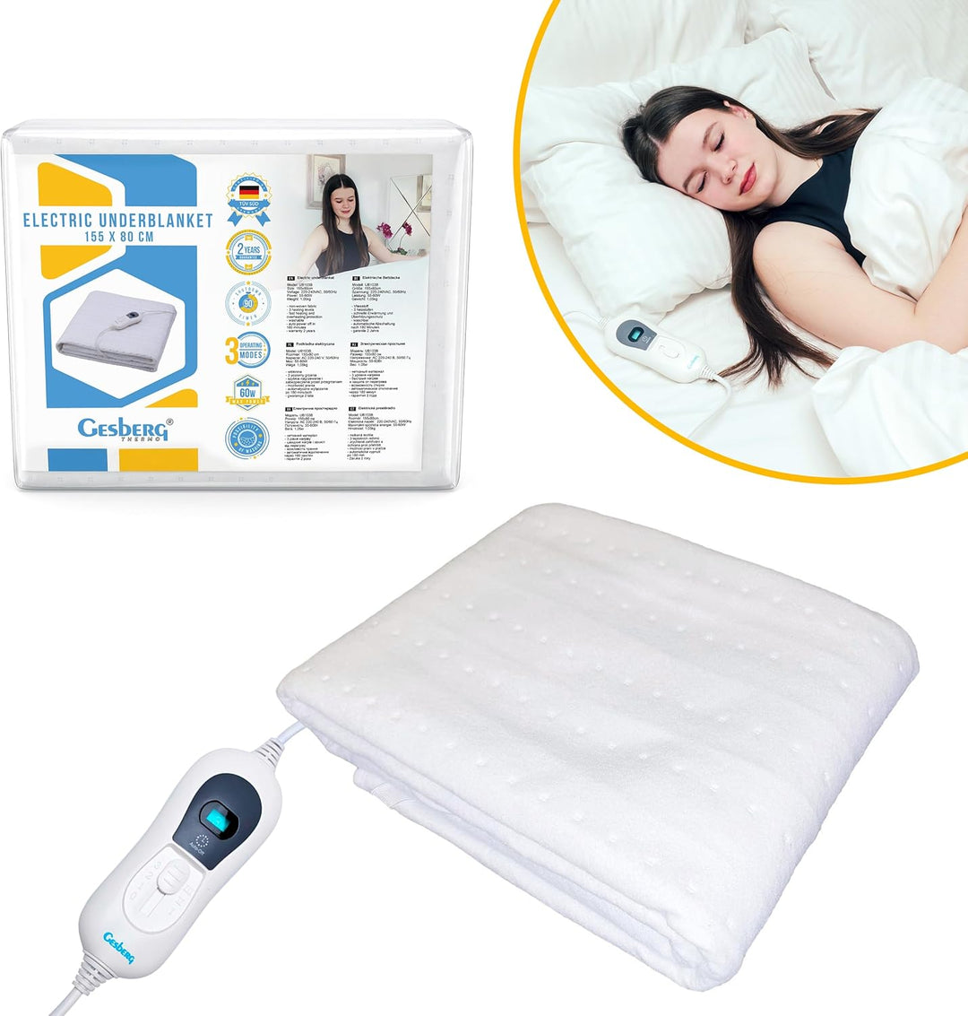 GESBERG Elektrischedecke 155 x 80 cm, Heizmatte, Thermodecke, Heizdecke, Bettwärmer, Auto off