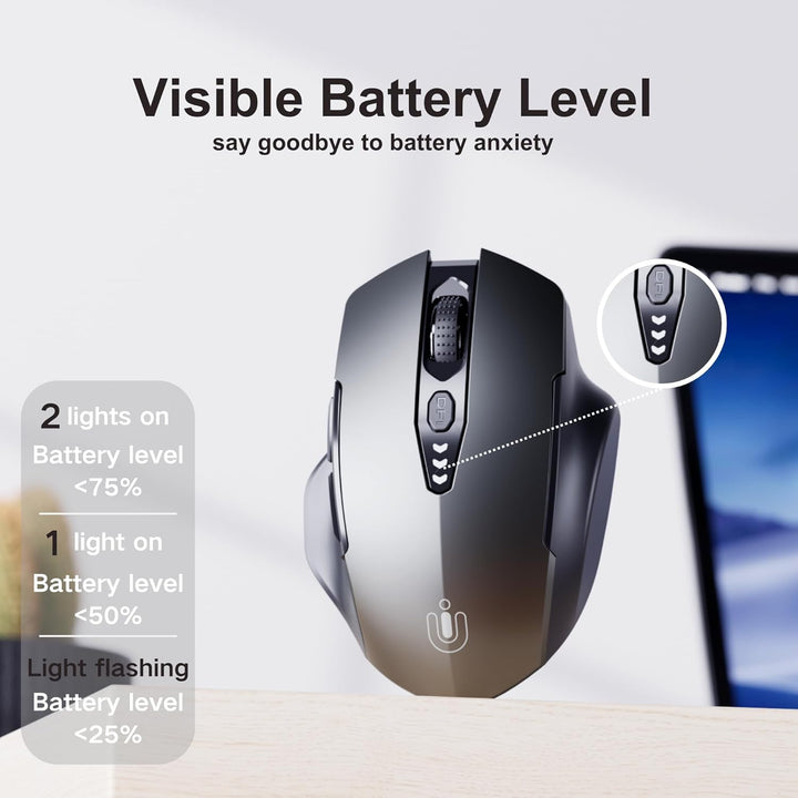 Uineer kabellose Maus, [Upgraded] Visuelle Batterieanzeige, Ergonomische Maus kabellos 2.4G USB, 4 e