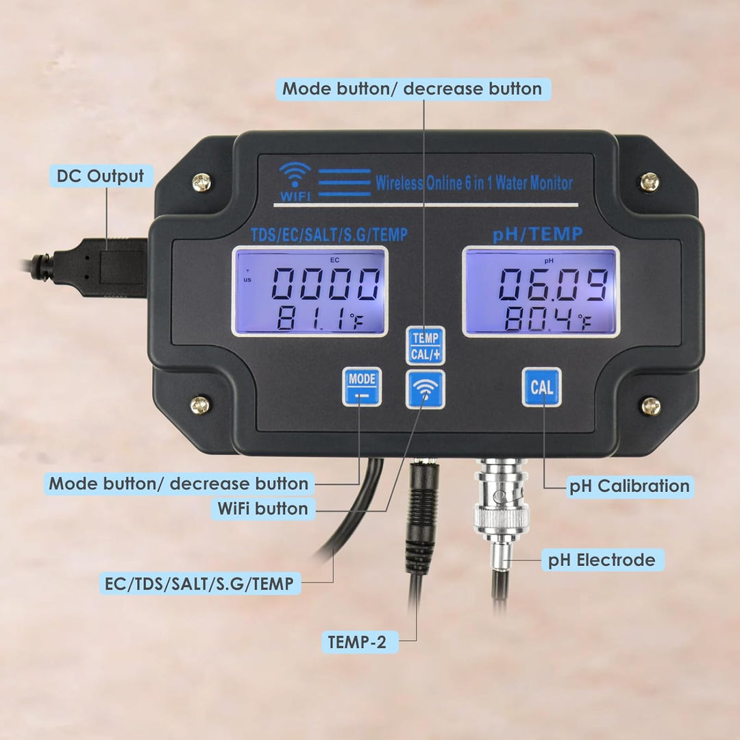 EC pH-Monitor für Hydroponik, 6-in-1 Wasserqualität Tester mit Wi-Fi, pH-Meter-Tester, Kontinuierlic