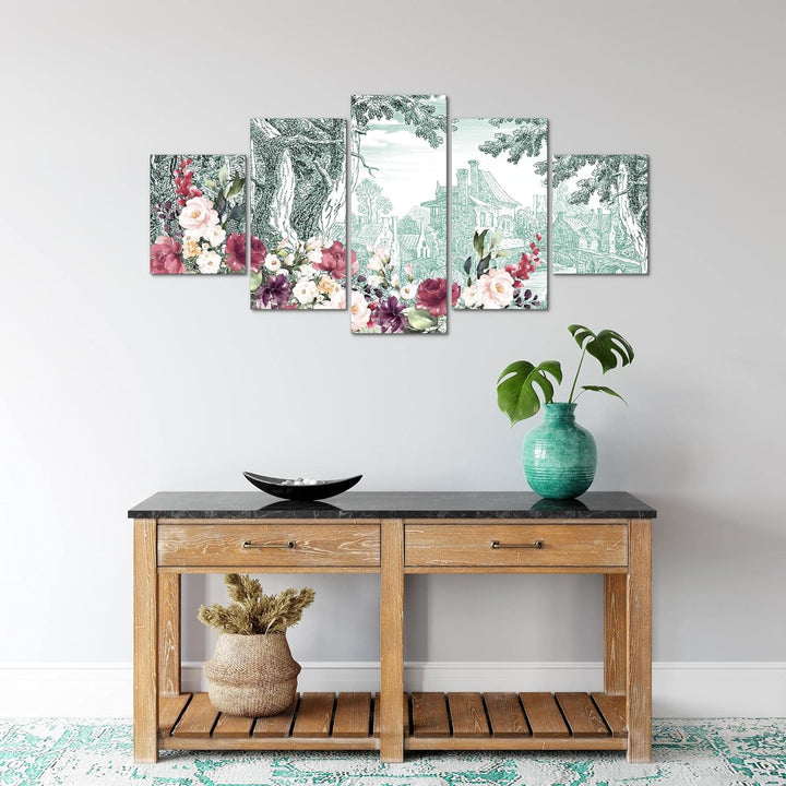 Runa Art Wandbilder Stadt Vintage 5 Teilig Bild auf Vlies Leinwand Deko Wohnzimmer Schlafzimmer Blum
