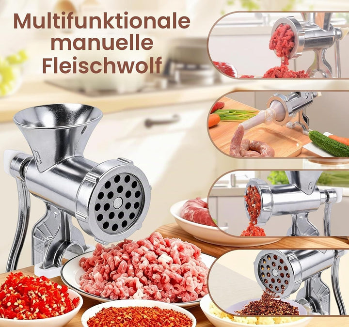 Manuelle Fleischmühle, Grösse 5 Wurstfüller Fleischwolf mit Lochscheiben und Gebäckvorsatz Wurstfüll