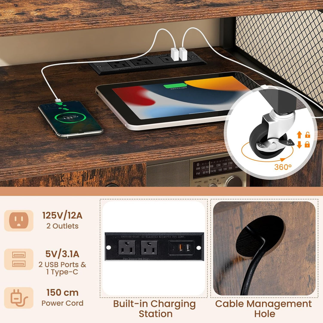 KOMFOTTEU Rollcontainer mit Ladestation, mobiler Aktenschrank mit Schloss & verstellbarem Ablagen, B