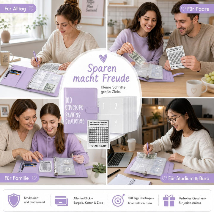 Challenge-Ordner mit 100 Umschlägen, A5-Umschlag, Spar-Challenge, Budget-Ordner, mit 25 Geldspar-Tra
