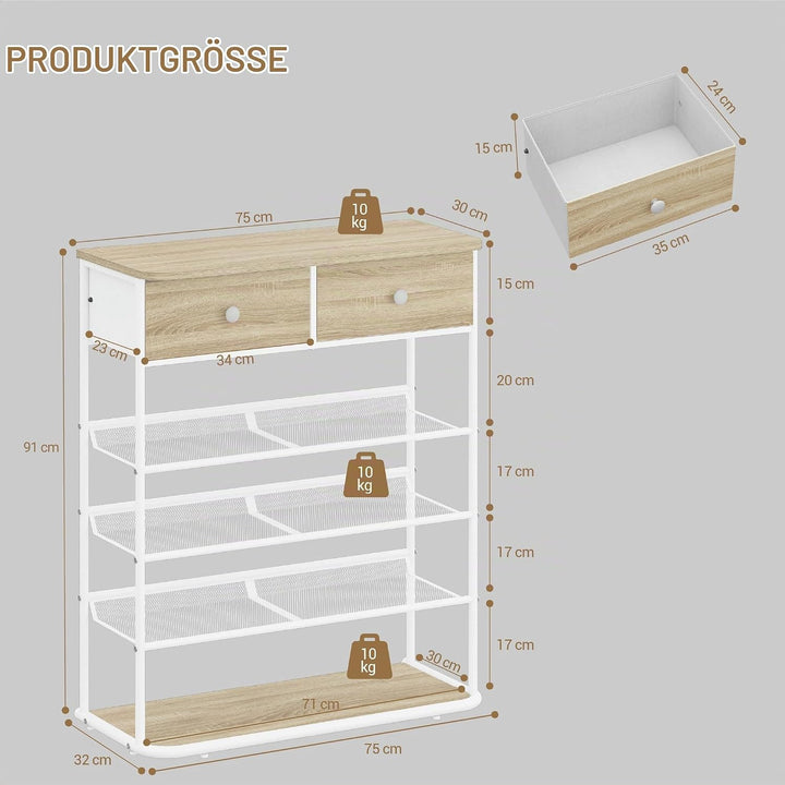 Hzuaneri Schuhregal, Schuhablage mit 5 Ebenen, Schuhregal Gross mit 2 Stoffschubladen, 3 Gittern, Ve
