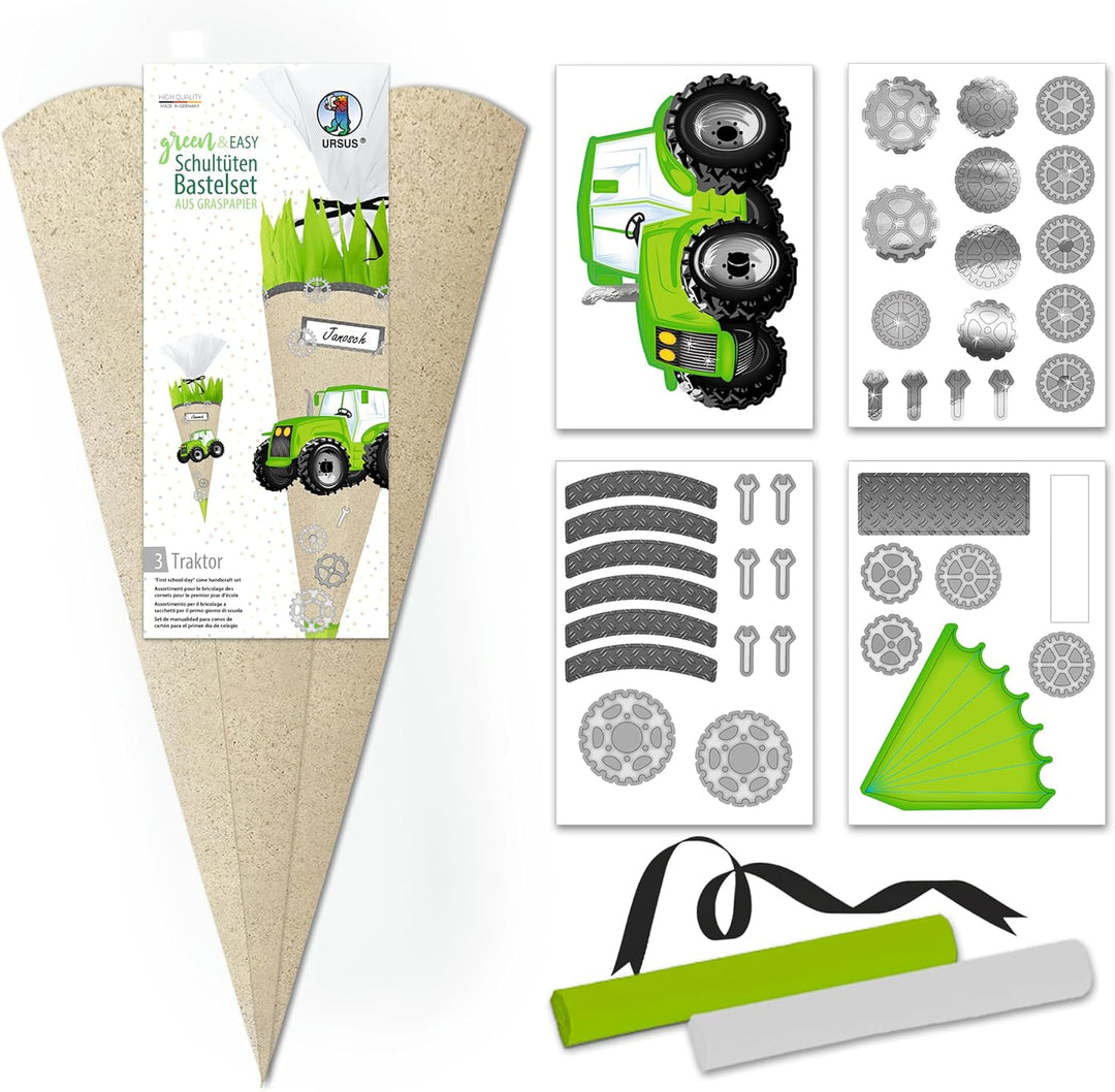 Ursus 9770003 - Schultüte Bastelset, Green & Easy, Traktor, Höhe ca. 68 cm, Durchmesser ca. 20 cm, i