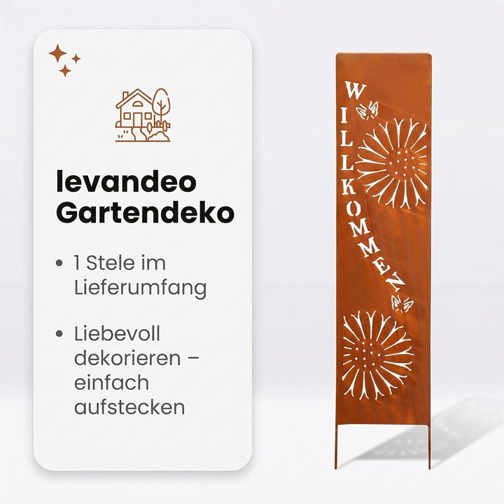 levandeo Stele Willkommen Garten-Deko 20x100cm Eisen Rost Rostdeko Braun Gartenstecker Gartenstele E