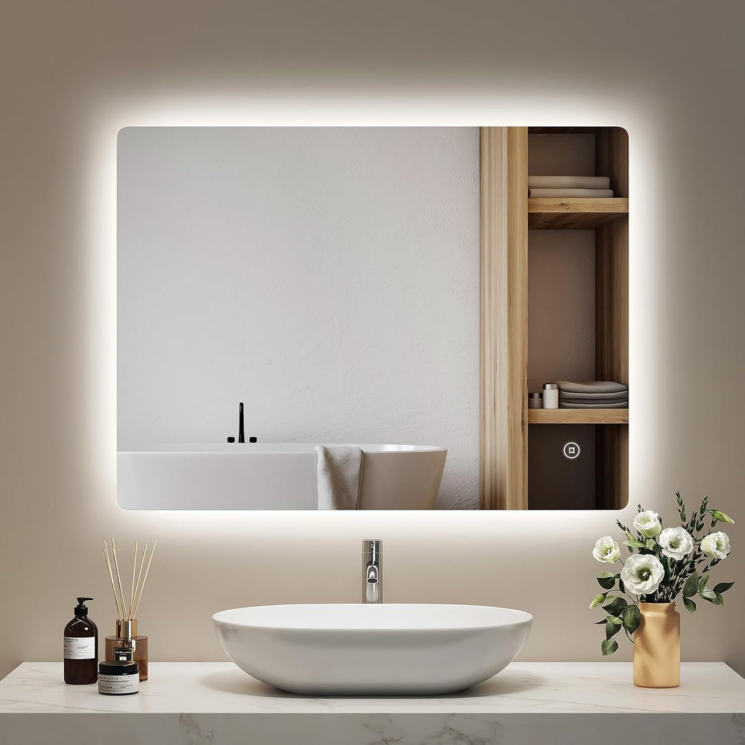 EMKE Badspiegel mit Beleuchtung 60x80cm, Badezimmerspiegel mit 3 Lichtfarben dimmbar, Antibeschlag,