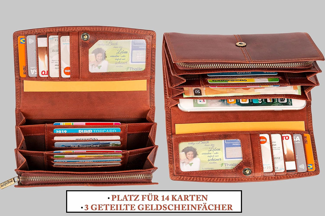 MATADOR Geldbörse Damen Echtleder TüV Geprüfter RFID Schutz | Portemonnaie Damen Gross | Brieftasche