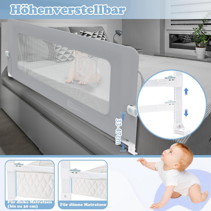 UISEBRT Bettgitter 200cm Bettschutzgitter Klappbar für Kleinkinder, Rausfallschutz Höhenverstellbar