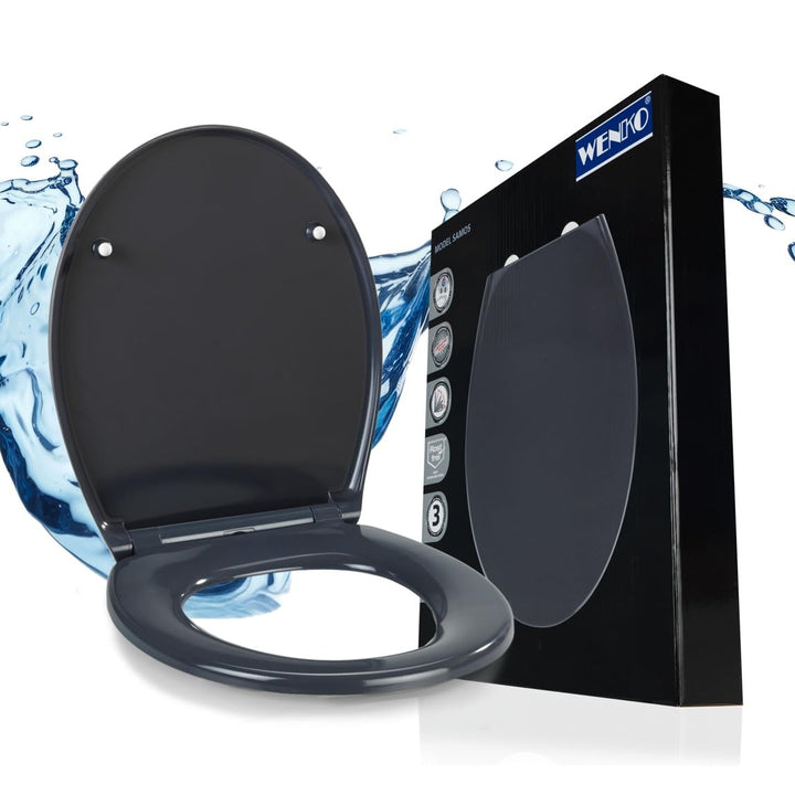 WENKO WC-Sitz Samos Grau, hygienischer Toilettensitz mit Absenkautomatik, mit Fix-Clip Hygiene-Befes