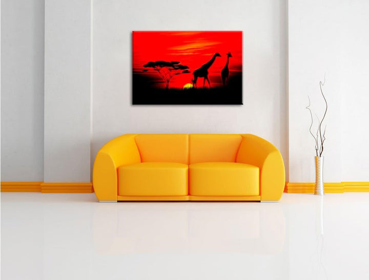Pixxprint Giraffen im Sonnenuntergang als Leinwandbild/Grösse: 100x70 cm/Wandbild/Kunstdruck/fertig