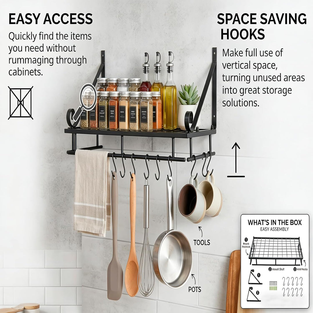 Wandmontaged Pot Rack Lagerregal, Topfstangen für Küchenpfanne Organizer mit 10 Haken und Accessoire
