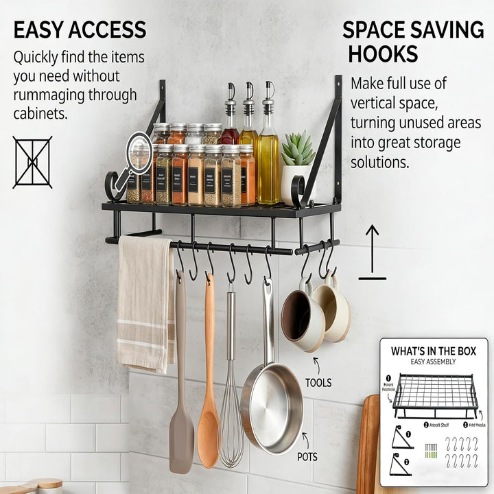 Wandmontaged Pot Rack Lagerregal, Topfstangen für Küchenpfanne Organizer mit 10 Haken und Accessoire