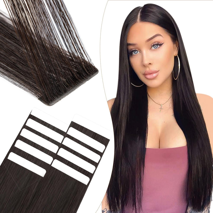 Elailite Tape Extensions Echthaar Naturschwarz, 10 Stück 20g Kleber Haarverlängerungen Invisible Gla