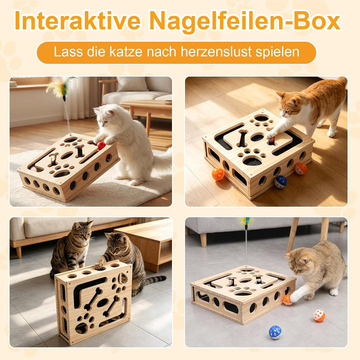 2-in-1 Kratzpuzzle Katzen Set, Katzen Kratzbrett mit Sandpapier, 3 Glockenbällen， Feder und 4 Antiru