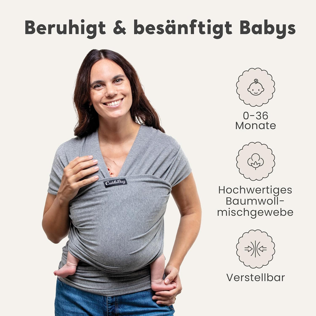 Cuddlebug Tragetuch Baby Neugeborene, Elastisch, 3-16 kg, Grau | Atmungsaktiver Stoff, Freihändiges