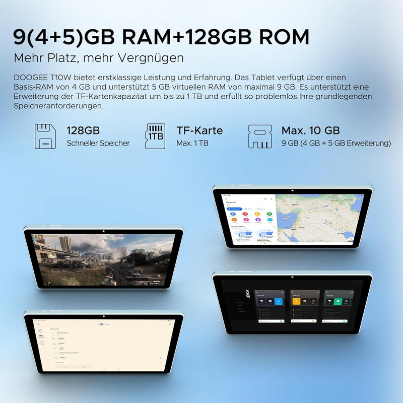 DOOGEE T10W Tablet 10 Zoll, Android 14 Tablet mit Tastatur, 9 GB RAM+128 GB ROM/1 TB Erweiterung, HD