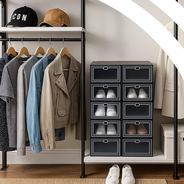 Retoo Schuhboxen Organizer Stapelbar – Transparente Aufbewahrungsboxen aus Kunststoff mit Griffen –