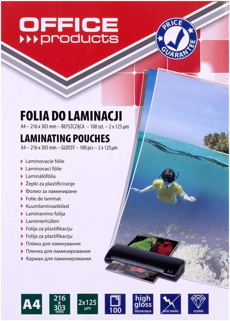 OFFICE PRODUCTS 20325435-90 Laminierfolie A4, 2 x 125 micron, glänzend, 100 Stück, transparent 2 x 1