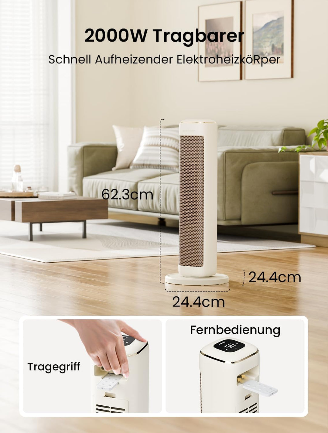 AIRMATE 63cm Heizlüfter Energiesparend, Keramik Heizlüfter Leise, 80° Oszillierend Heizung und Therm