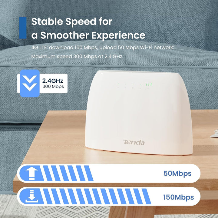 Tenda 4G03 4G LTE Router, WLAN Router für SIM-Karten (CAT4, 150Mbit/s im Download, 300Mbit/s 2,4GHz)