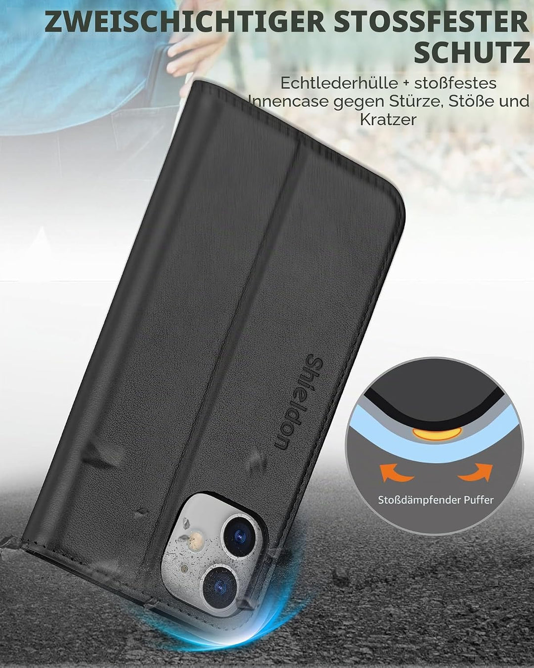 SHIELDON iPhone 12 Hülle, iPhone 12 Pro Handyhülle [Echtleder] [RFID-Sperre] [Kartenfach] [Magnet] [