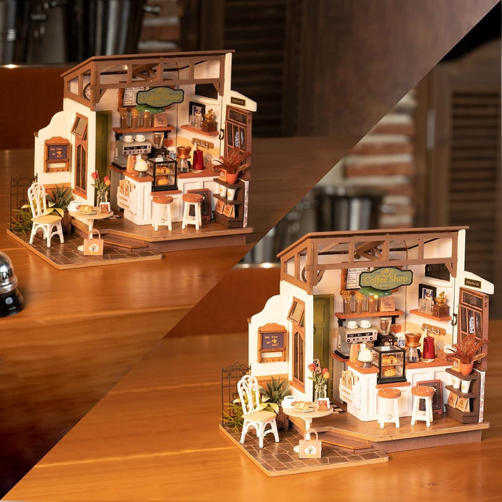 ROBOTIME DIY Holzpuppenhaus Set mit Miniaturmöbeln, Modellbausatz mit Zubehör und LEDs, Modellbausat