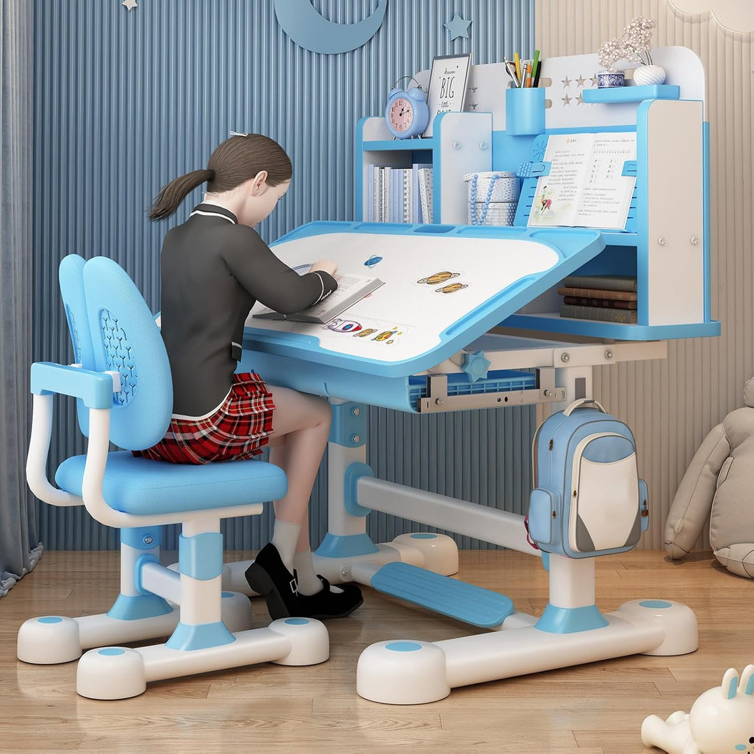 2Pcs/Set Kids Study Desk Chair Set, Height Adjustable Children School Study Table Chair Set with Sit